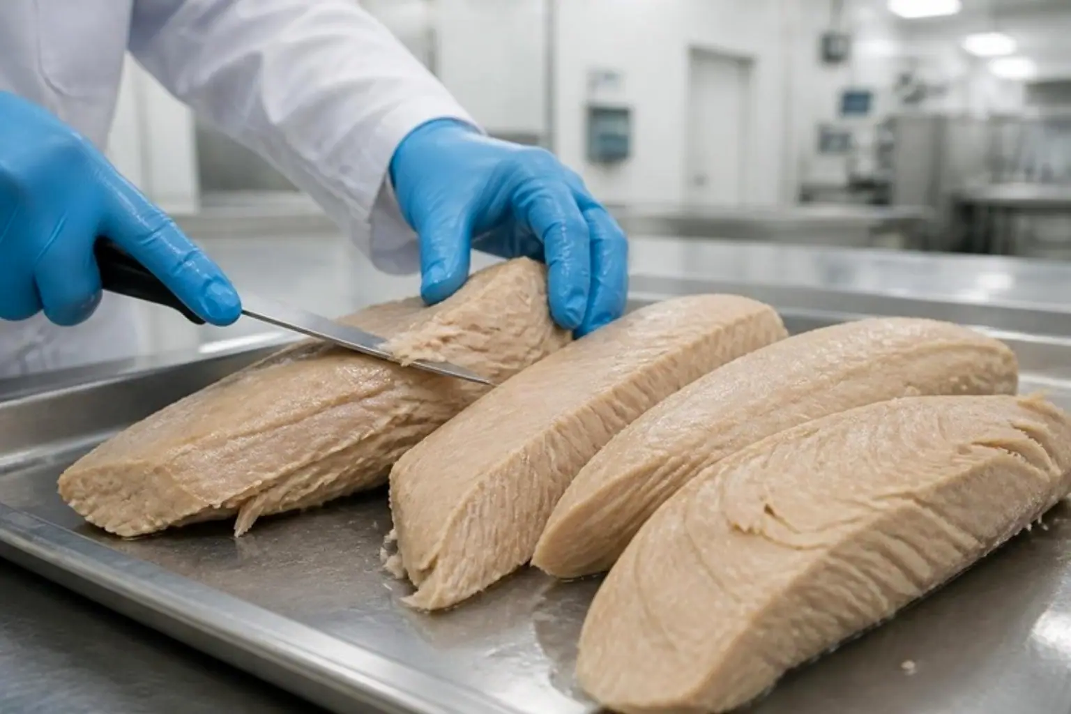 Tuna loins being trimmed by hand